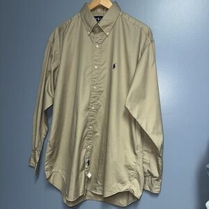 Vintage Ralph Lauren Blake Khaki Tan Cotton Budweiser Workwear Oxford Shirt Sz L